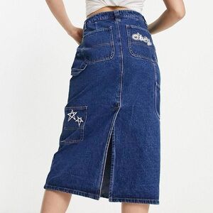 Obey Blue Denim Midi Skirt with Embroidered Pockets